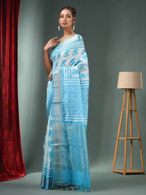 Sky Blue Blended Silk Handwoven Saree With Zari Border 3