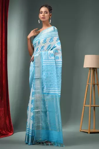 Sky Blue Blended Silk Handwoven Saree With Zari Border