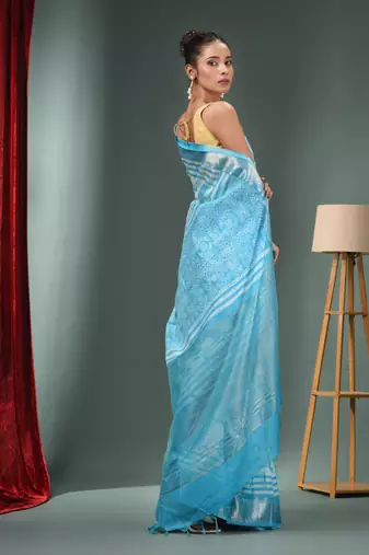 Sky Blue Blended Silk Handwoven Saree With Zari Border