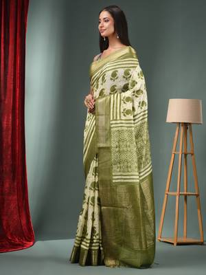 Mint Green Blended Silk Handwoven Saree With Zari Border 3