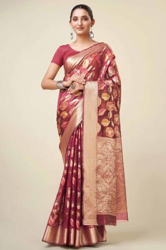 Wine Organza Faux Kanjeevaram Woven Saree With Unstitched Blouse Piece