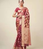 Wine Organza Faux Kanjeevaram Woven Saree With Unstitched Blouse Piece