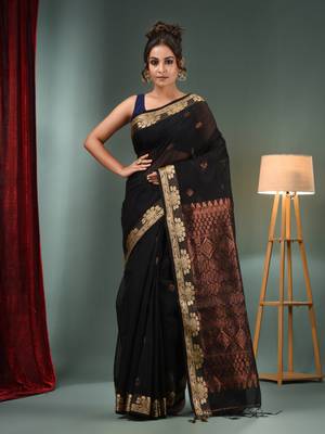 Black Cotton Blend Handwoven Saree With Woven Zari Border 1