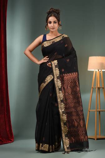 Black Cotton Blend Handwoven Saree With Woven Zari Border
