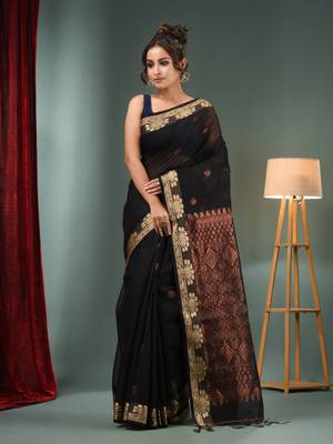 Black Cotton Blend Handwoven Saree With Woven Zari Border 2