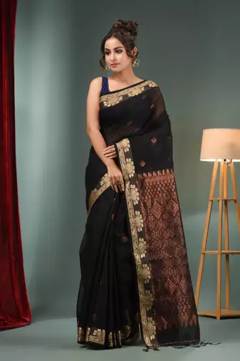 Black Cotton Blend Handwoven Saree With Woven Zari Border