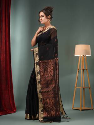 Black Cotton Blend Handwoven Saree With Woven Zari Border 3