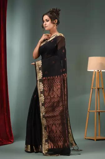 Black Cotton Blend Handwoven Saree With Woven Zari Border