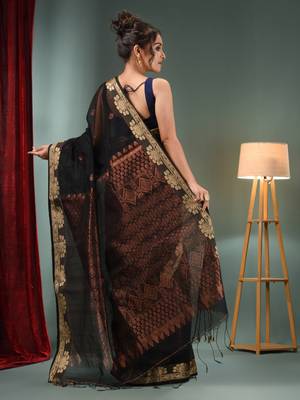 Black Cotton Blend Handwoven Saree With Woven Zari Border 4