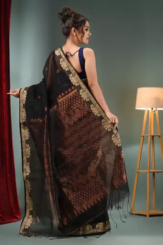 Black Cotton Blend Handwoven Saree With Woven Zari Border