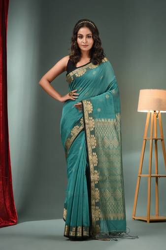 Teal Cotton Blend Handwoven Saree With Woven Zari Border