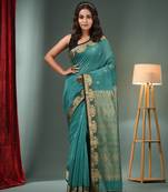 Teal Cotton Blend Handwoven Saree With Woven Zari Border
