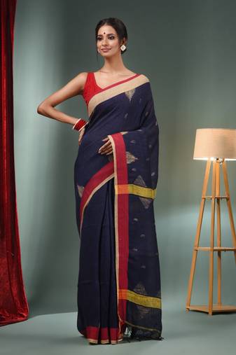 Navy Blue Linen Handwoven Saree With Ghicha Work