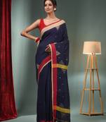 Navy Blue Linen Handwoven Saree With Ghicha Work