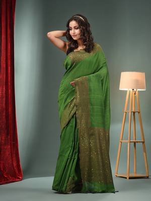 Green Cotton Handwoven Saree With Sequins Work 2