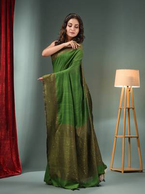 Green Cotton Handwoven Saree With Sequins Work 3