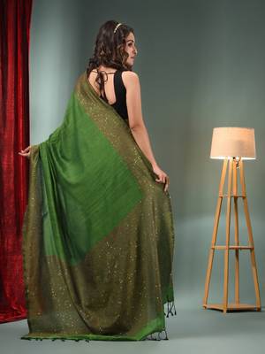 Green Cotton Handwoven Saree With Sequins Work 4