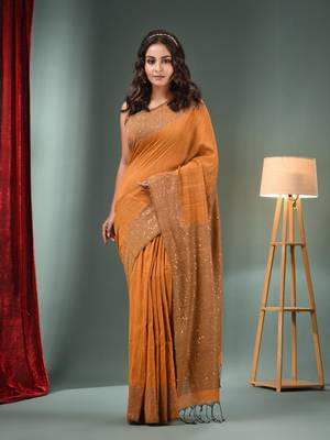 Ochre Yellow Cotton Handwoven Saree With Sequins Work 1