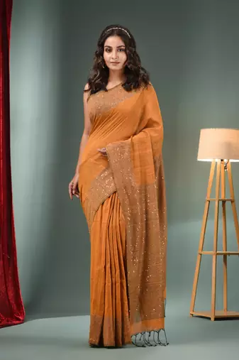 Ochre Yellow Cotton Handwoven Saree With Sequins Work
