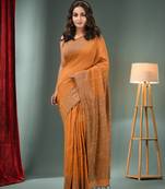 Ochre Yellow Cotton Handwoven Saree With Sequins Work