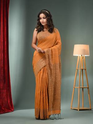 Ochre Yellow Cotton Handwoven Saree With Sequins Work 2