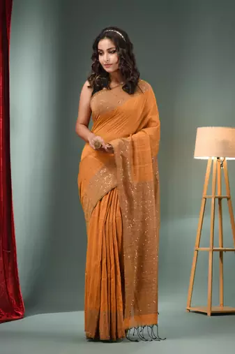 Ochre Yellow Cotton Handwoven Saree With Sequins Work