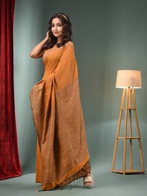 Ochre Yellow Cotton Handwoven Saree With Sequins Work 3
