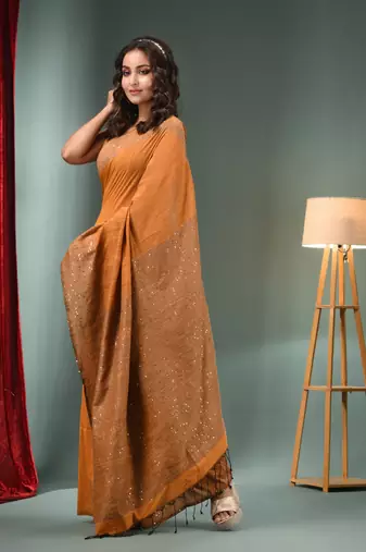 Ochre Yellow Cotton Handwoven Saree With Sequins Work