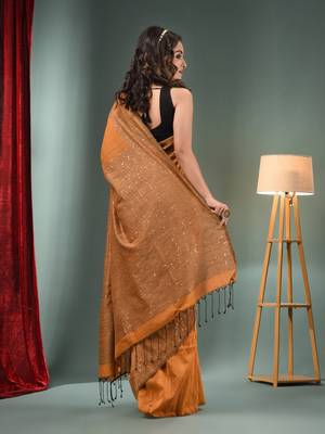 Ochre Yellow Cotton Handwoven Saree With Sequins Work 4
