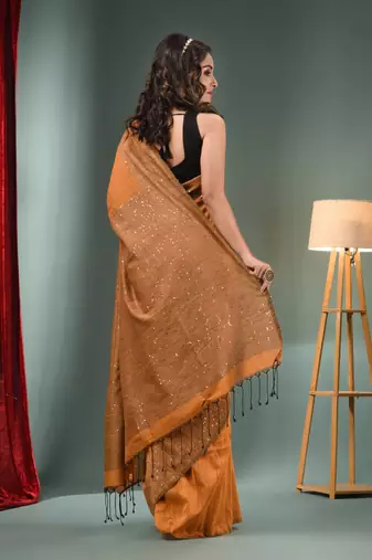 Ochre Yellow Cotton Handwoven Saree With Sequins Work