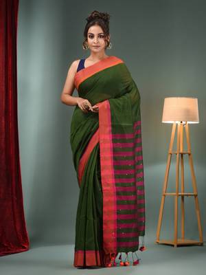 Green Cotton Blend Handwoven Saree With Stripes Pallu 1