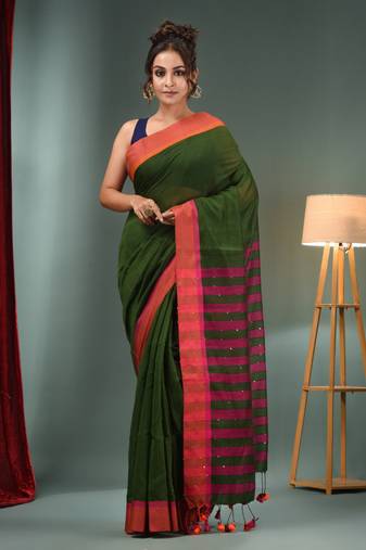 Green Cotton Blend Handwoven Saree With Stripes Pallu