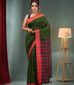 Green Cotton Blend Handwoven Saree With Stripes Pallu
