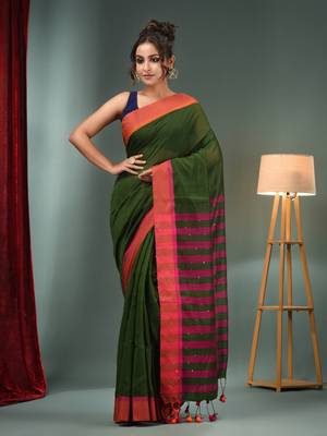 Green Cotton Blend Handwoven Saree With Stripes Pallu 2