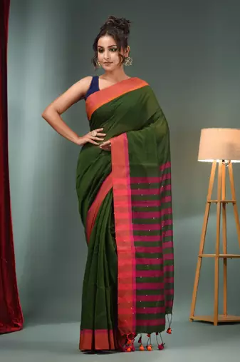 Green Cotton Blend Handwoven Saree With Stripes Pallu