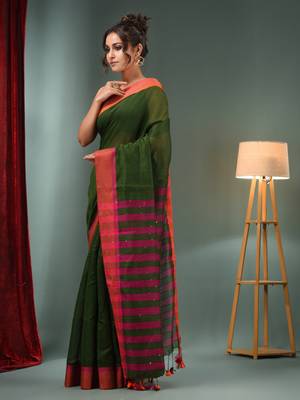 Green Cotton Blend Handwoven Saree With Stripes Pallu 3