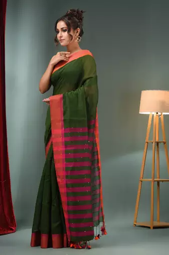 Green Cotton Blend Handwoven Saree With Stripes Pallu