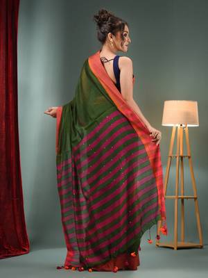 Green Cotton Blend Handwoven Saree With Stripes Pallu 4