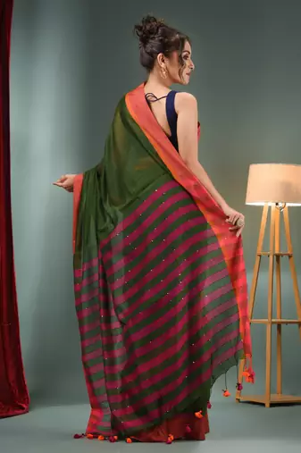 Green Cotton Blend Handwoven Saree With Stripes Pallu