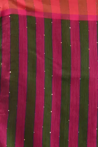 Green Cotton Blend Handwoven Saree With Stripes Pallu