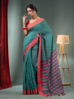 Teal Cotton Blend Handwoven Saree With Stripes Pallu 1