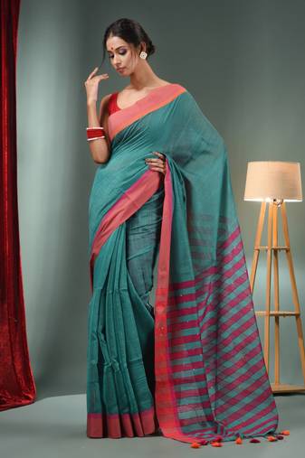 Teal Cotton Blend Handwoven Saree With Stripes Pallu