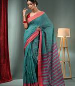 Teal Cotton Blend Handwoven Saree With Stripes Pallu