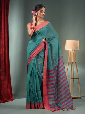 Teal Cotton Blend Handwoven Saree With Stripes Pallu 2