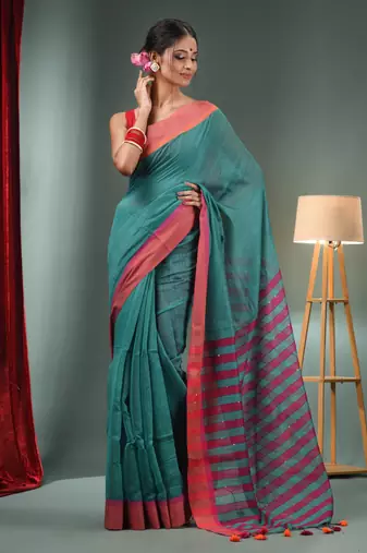 Teal Cotton Blend Handwoven Saree With Stripes Pallu