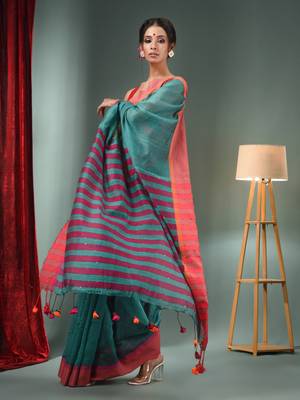 Teal Cotton Blend Handwoven Saree With Stripes Pallu 3