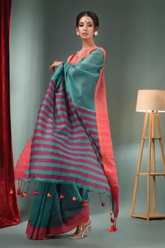 Teal Cotton Blend Handwoven Saree With Stripes Pallu