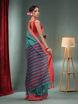 Teal Cotton Blend Handwoven Saree With Stripes Pallu 4