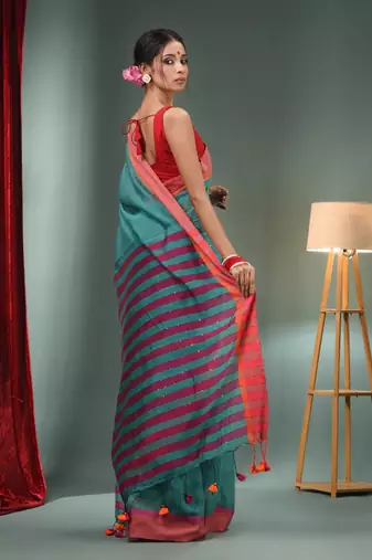 Teal Cotton Blend Handwoven Saree With Stripes Pallu