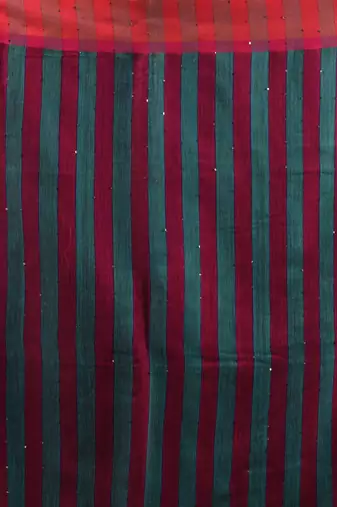 Teal Cotton Blend Handwoven Saree With Stripes Pallu